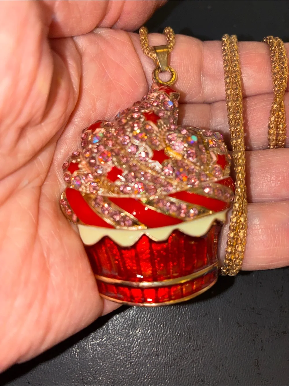 Red Cupcake Pendant Necklace with Pink Crystal Frosting